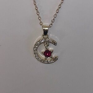 Silver and Red Crescent Moon Pendant Necklace